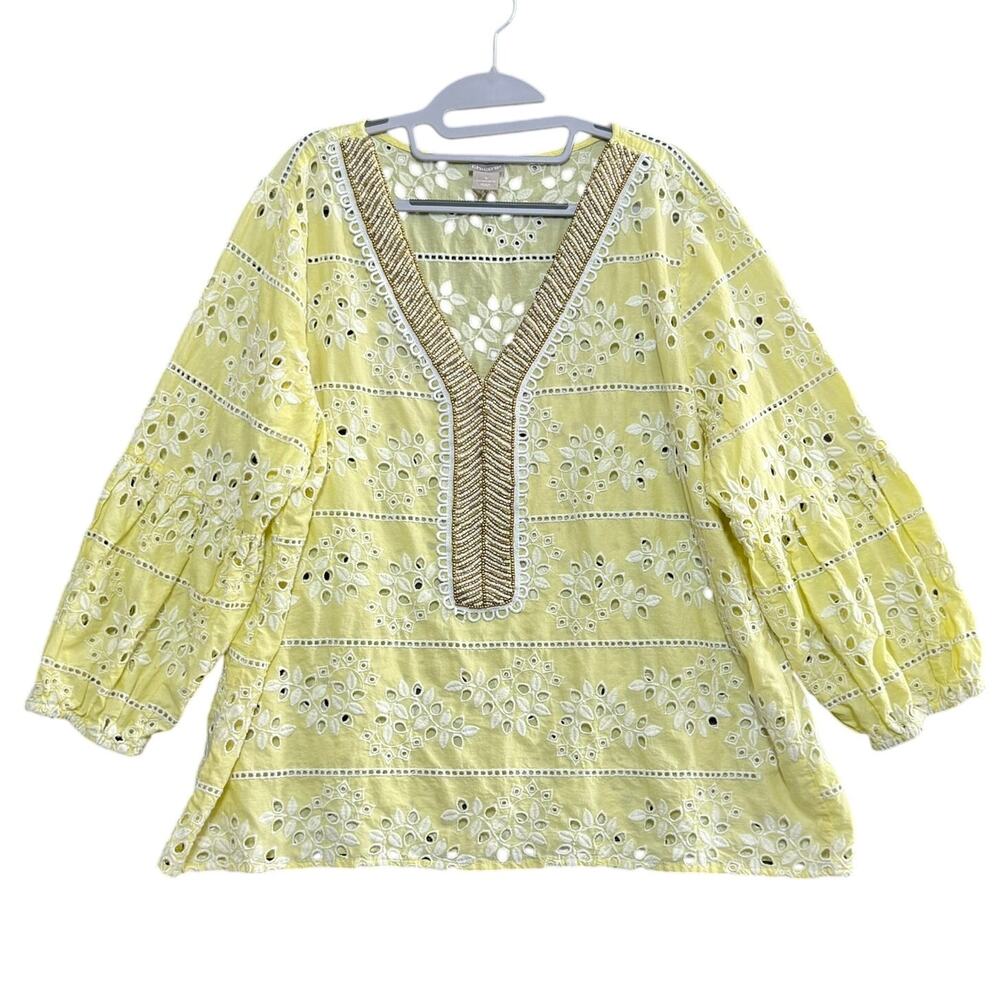 CHICO’S‎ Size 4 Light Yellow Eyelet Cotton Top 3/4 Sleeve V-Neck Summer Blouse